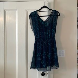 Navy & Green Patterned Mini Dress w/ attached slip size small